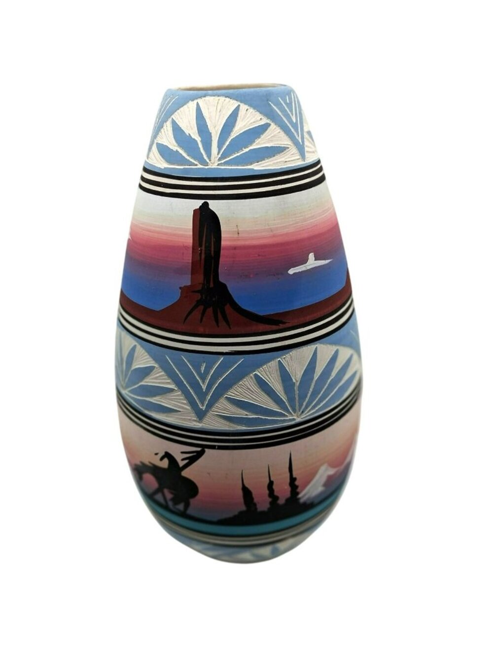 Mexican Navajo Pottery Vase Southwest Desert Landscape & Etched Pastel Signed